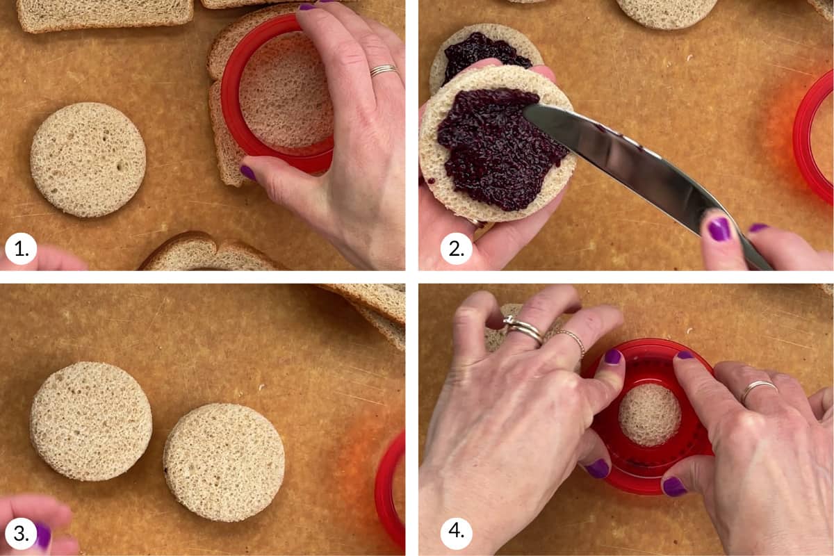 how to make homemade uncrustables in grid of four images.