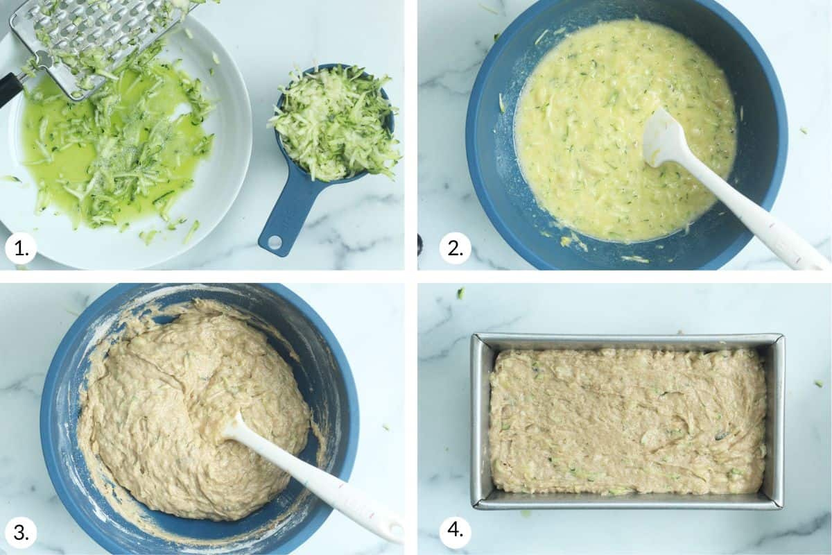 how to make zucchini banana bread in grid of images. 