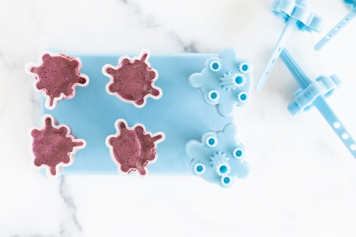 blueberry popsicle mixture in popsicle molds.