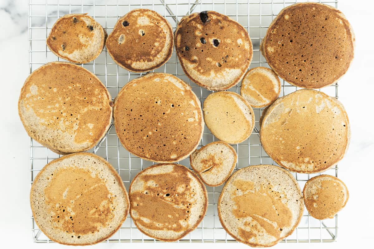Buckwheat pancakes on cooling rack.