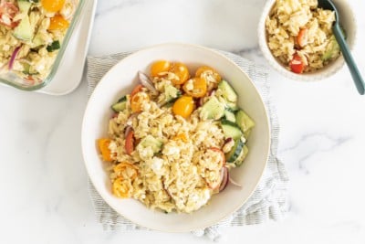 Orzo pasta salad in two bowls.
