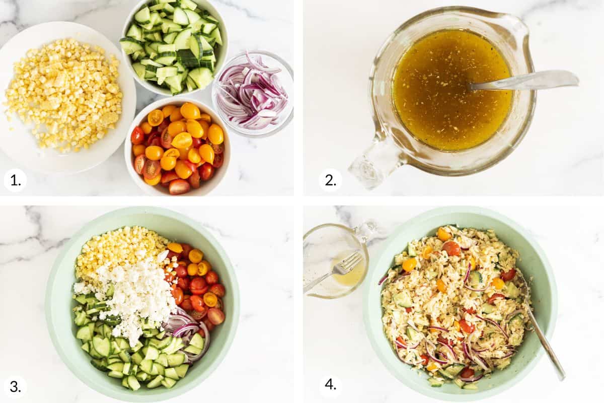 how to make orzo pasta salad in grid of images.
