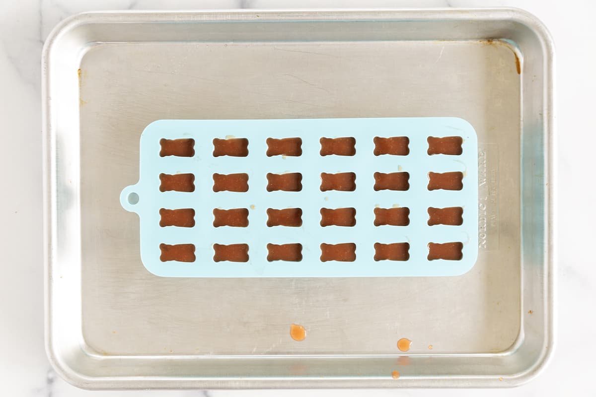 gummy bear mold for homemade fruit snacks on baking tray.