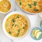 Orzo soup in bowls and pan.
