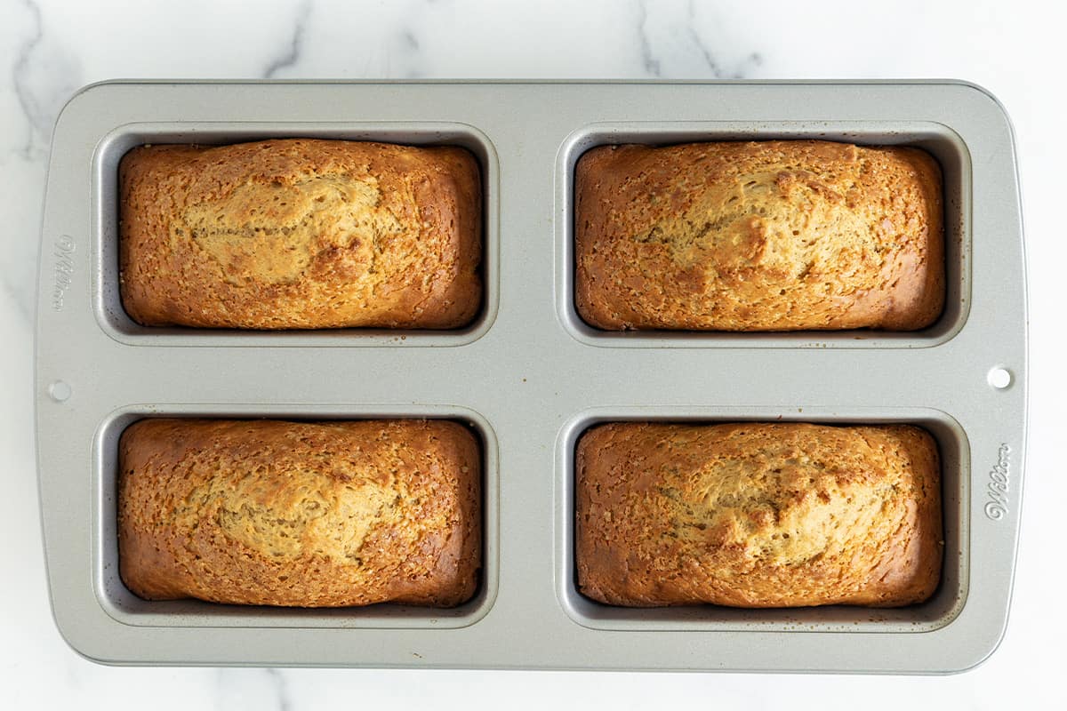 Protein banana bread in bread pan after baking in oven.