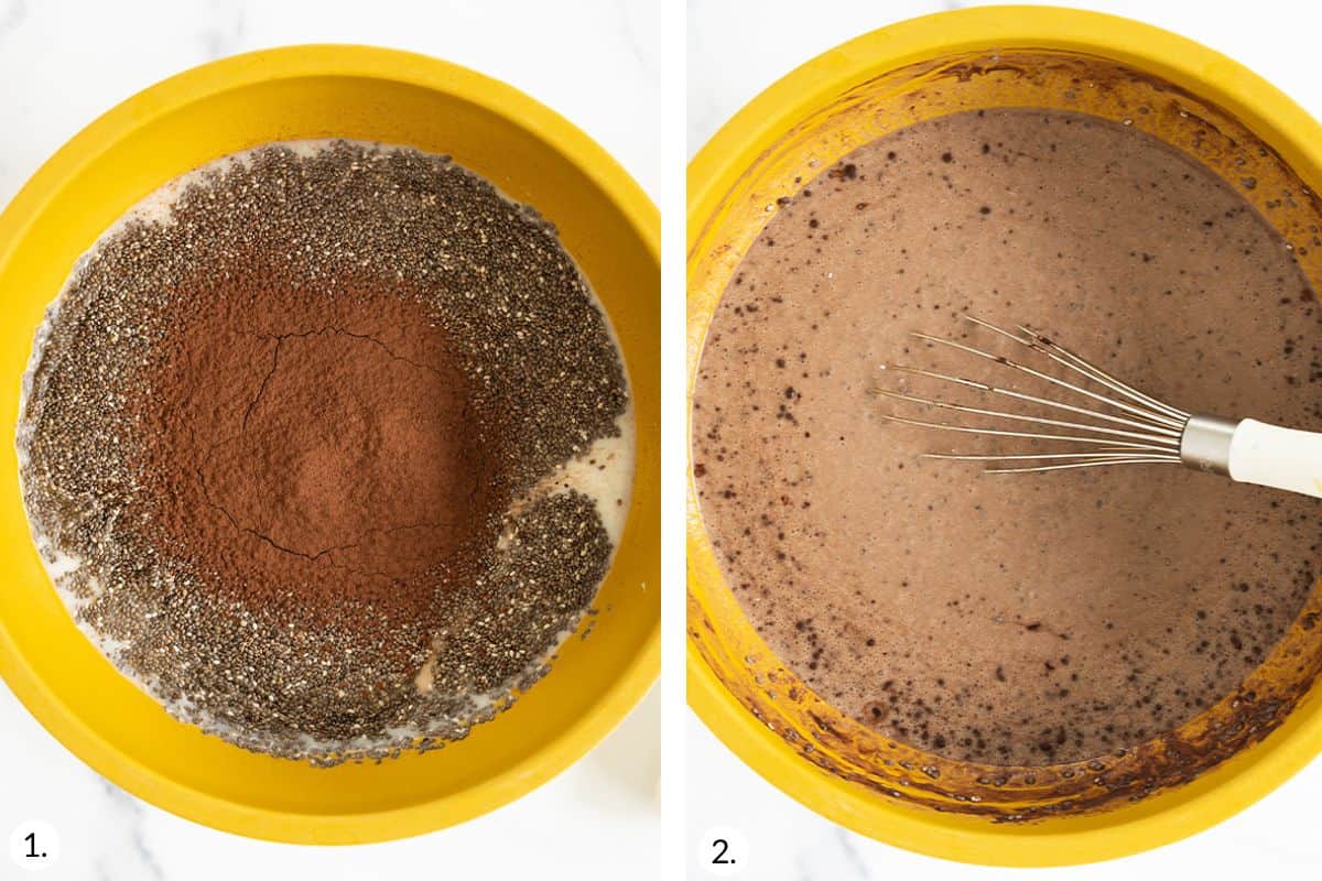 how to make chocolate chia pudding in grid of images.