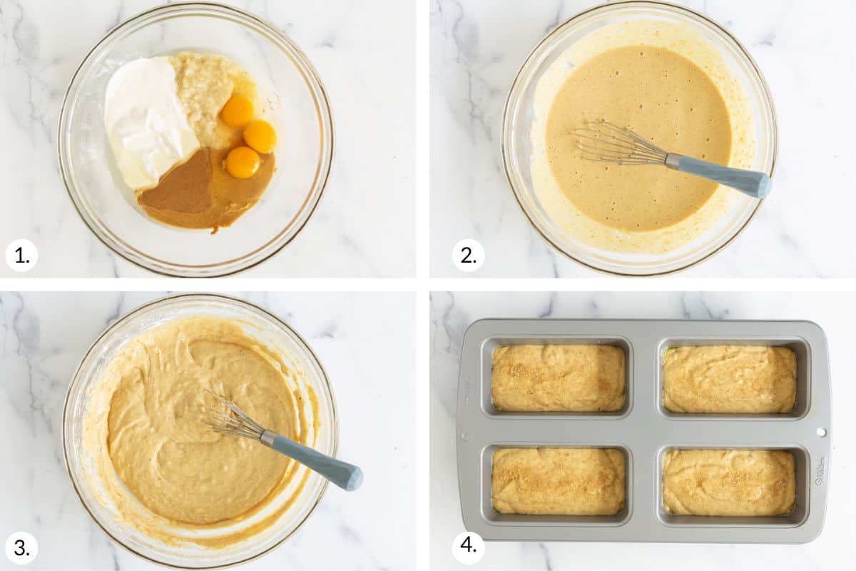 how to make protein banana bread in grid of images.