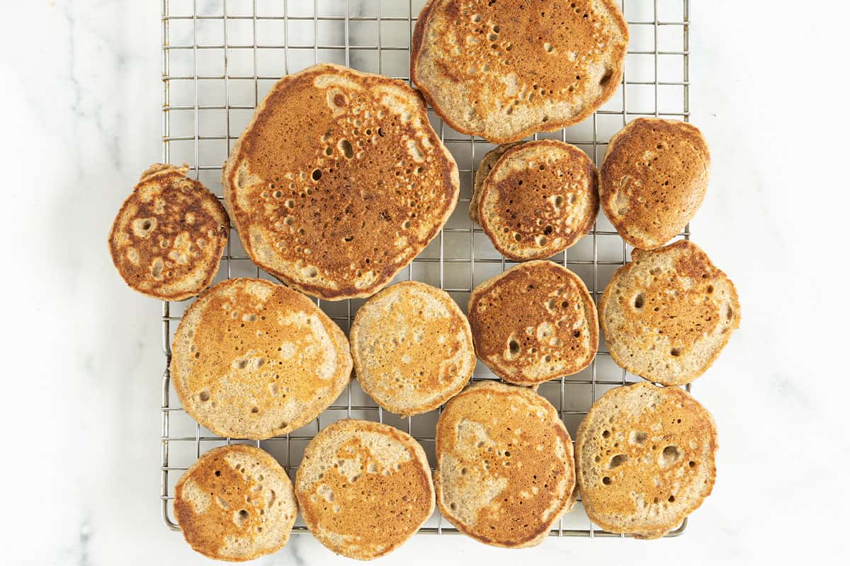 Applesauce pancakes on cooling rack.