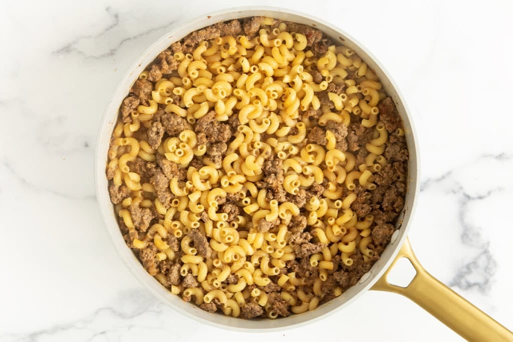 Hamburger helper in pan.