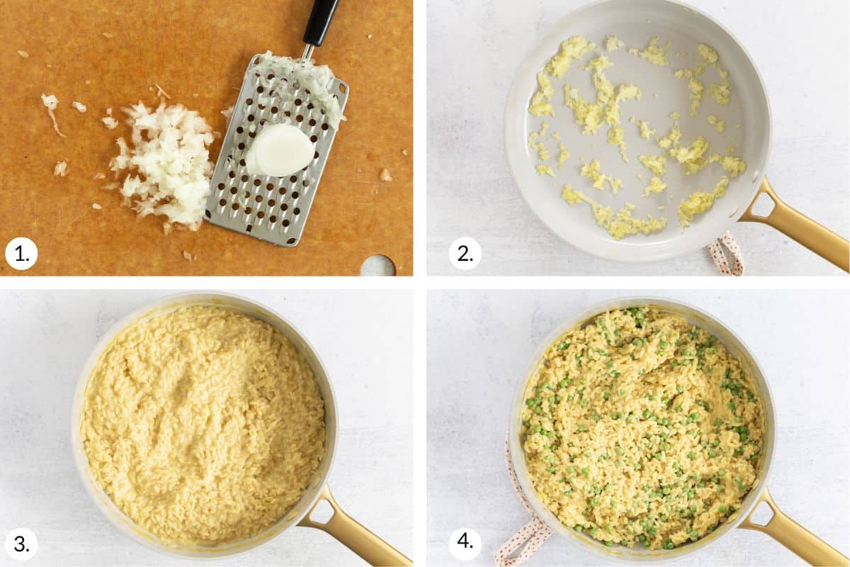 How to make orzotto with peas in grid of images.