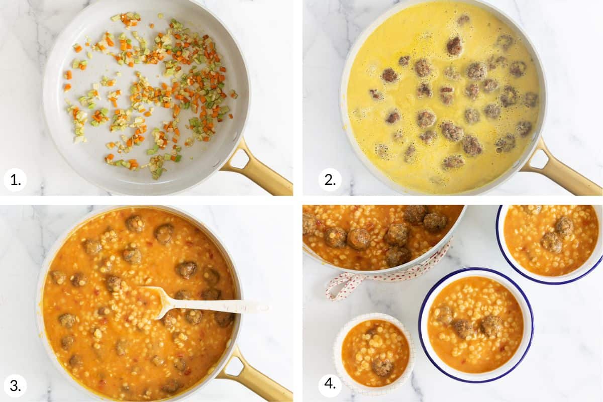 how to make meatball soup in grid of images.