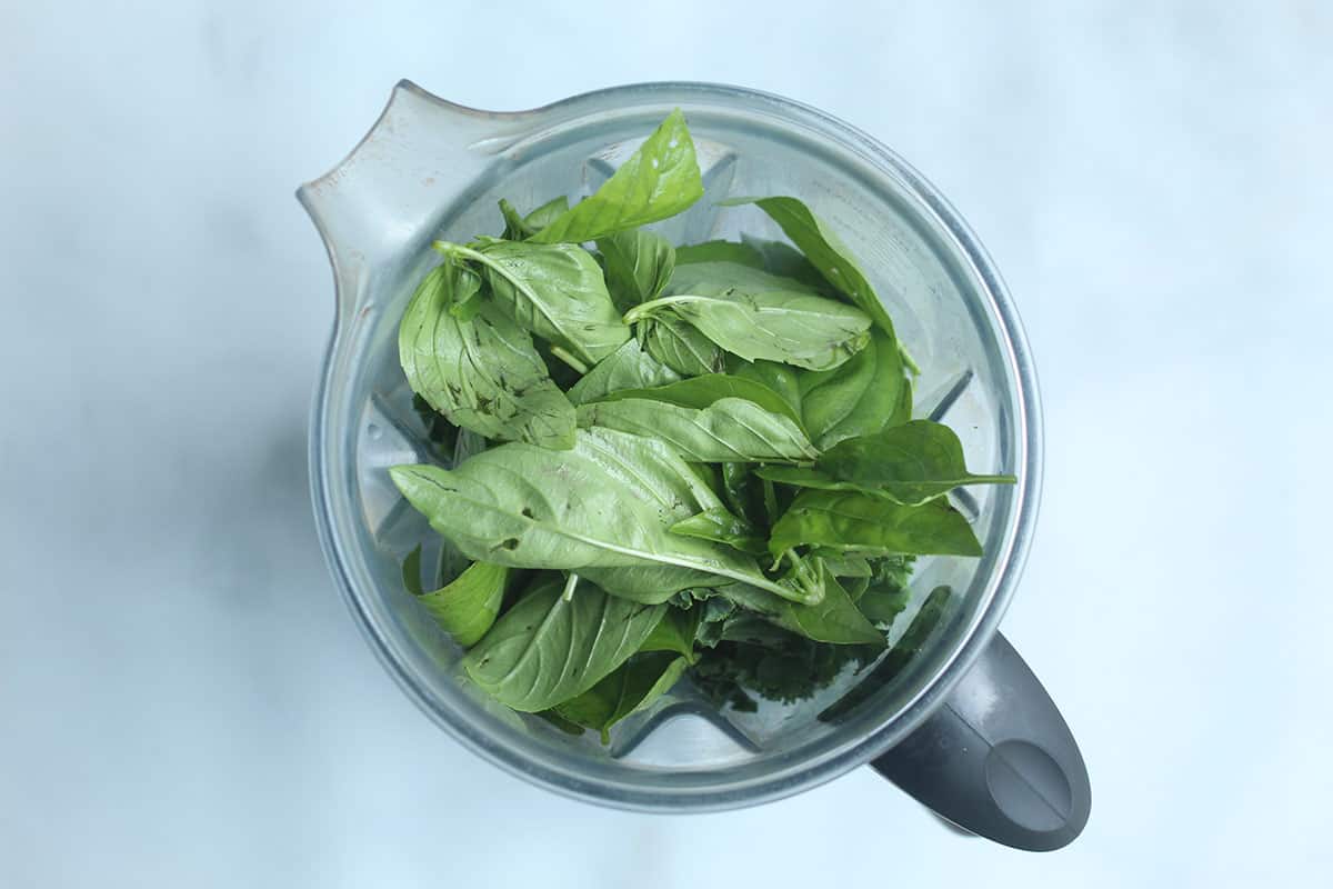 ingredients for kale pesto in blender.