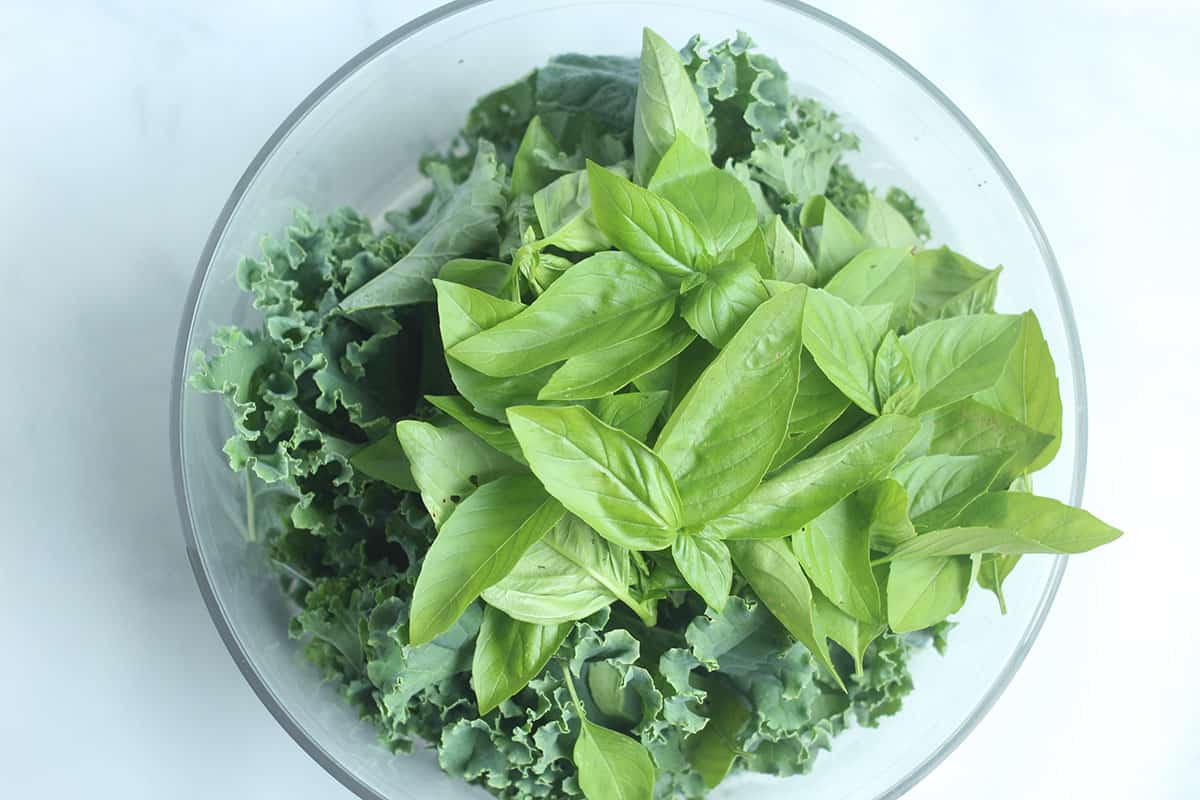 basil and kale in bowl.