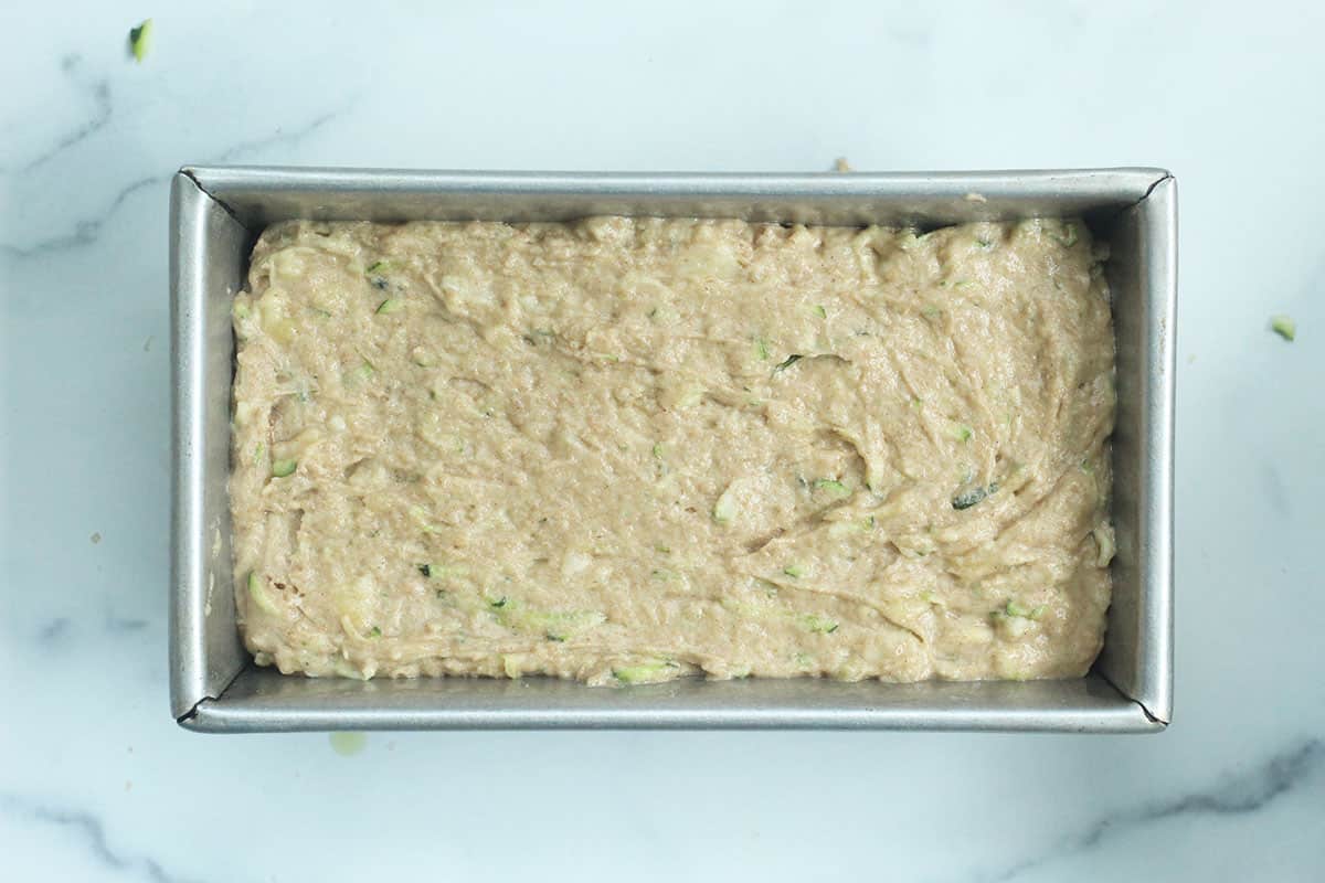 Zucchini banana bread in pan before baking.