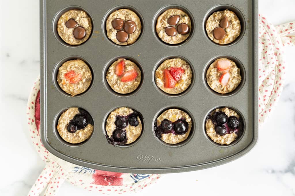 Oatmeal cups in mini muffin pan after baking.