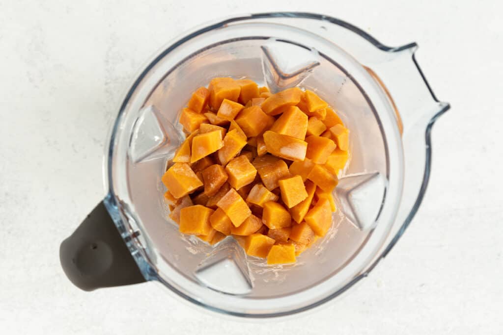 soft sweet potato cubes in blender.