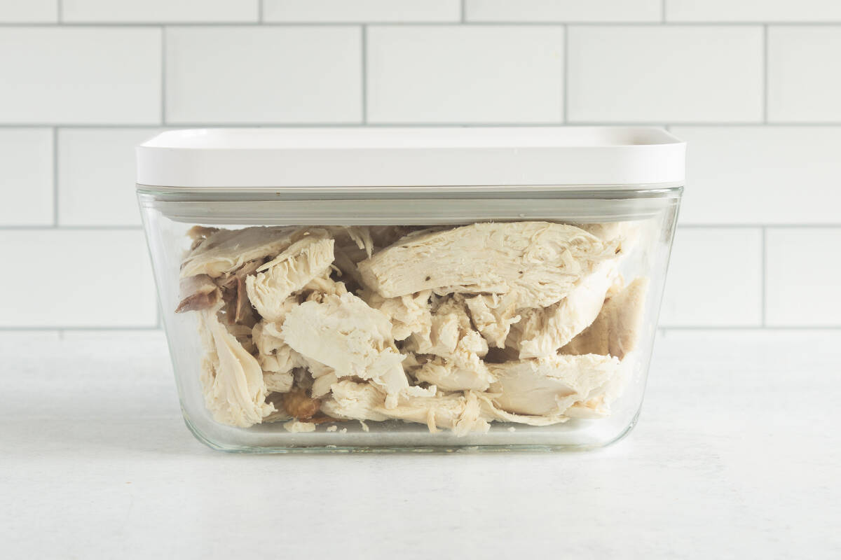 Leftover turkey in glass container with lid. 
