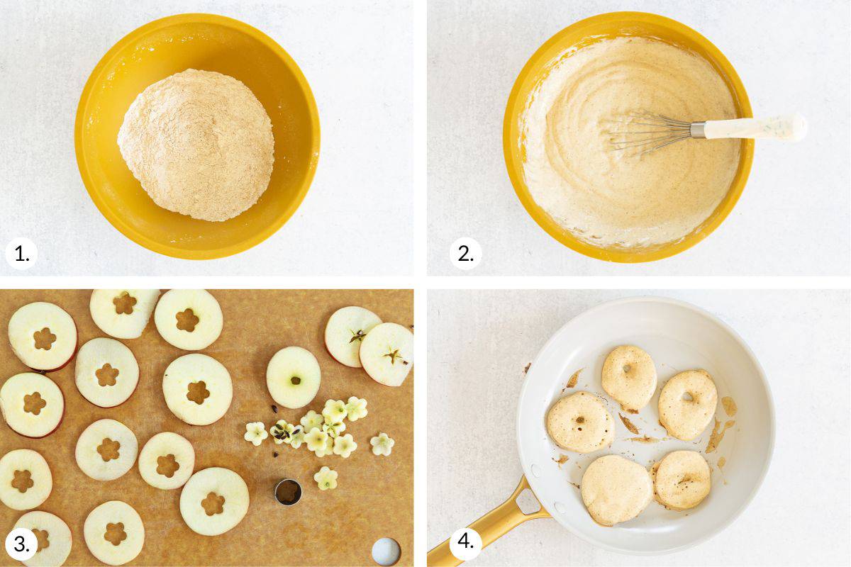 how to make apple cinnamon pancakes in grid of images.