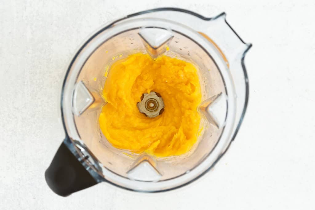 butternut squash in a blender after blending. 