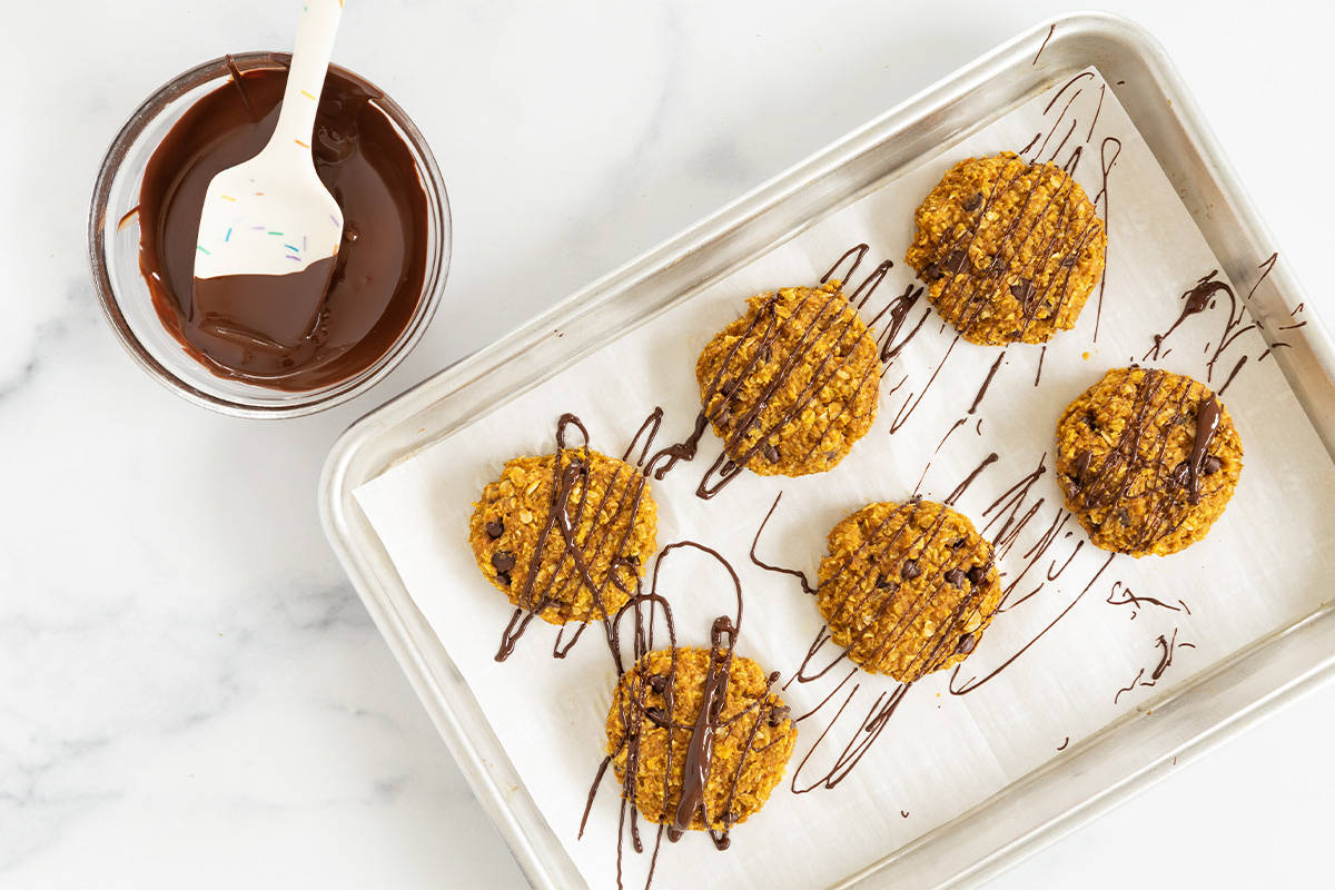 Pumpkin oatmeal cookies drizzled with chocolate.