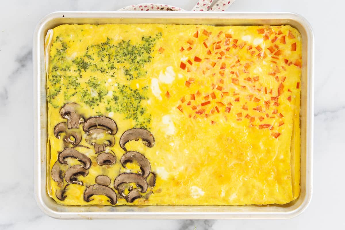 Baked sheet pan eggs in pan.