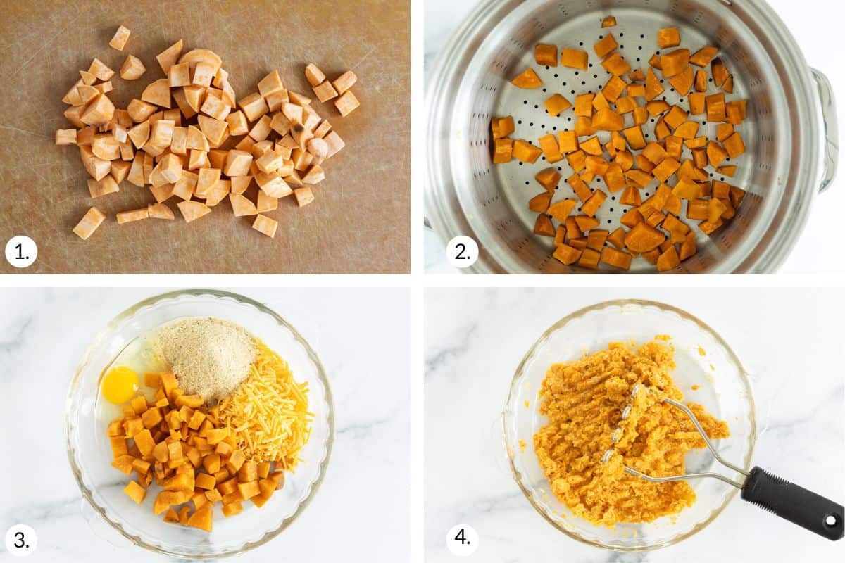 how to make sweet potato tots in grid of images. 