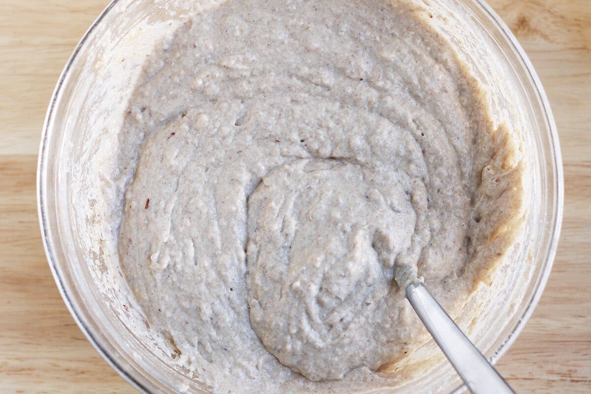 cinnamon muffin batter in bowl.