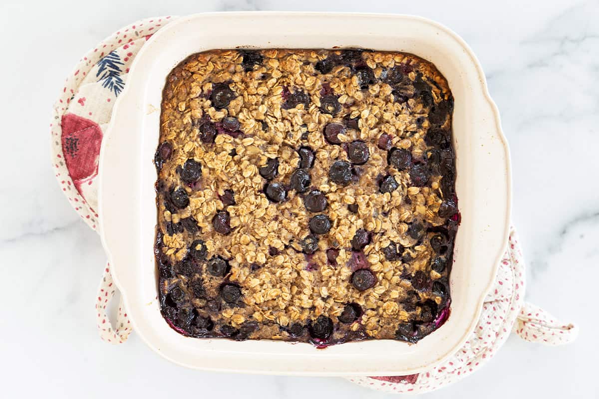 Blueberry baked oatmeal in baking pan.