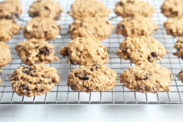 healthy oatmeal raisin cookies on wire rack.