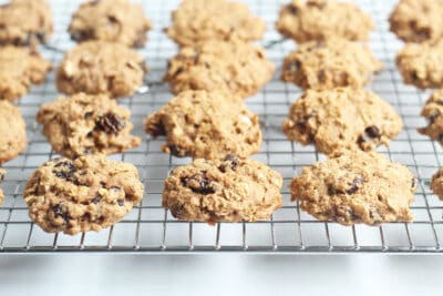 healthy oatmeal raisin cookies on wire rack.