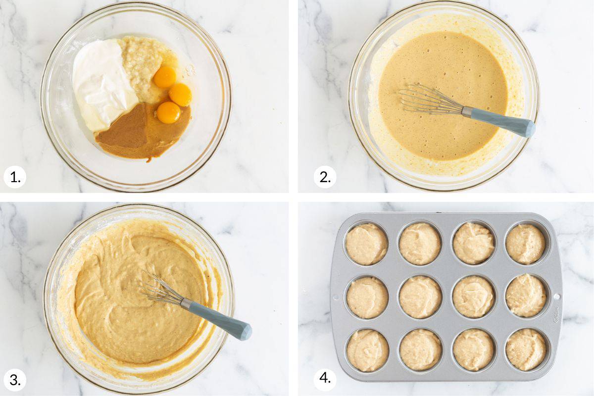 how to make protein banana muffins in grid of images. 