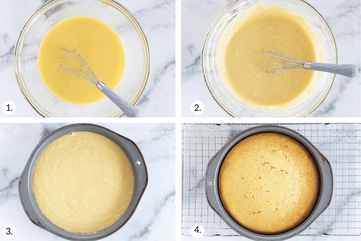 steps for olive oil cake in grid of four images.