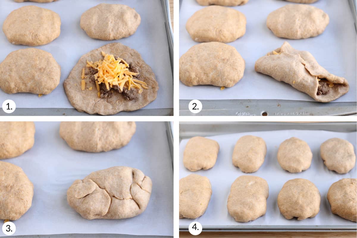 how to make cheesy meat buns in grid of four images. 