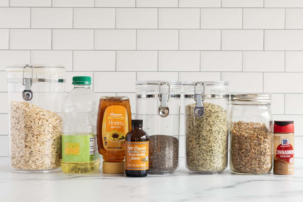 Ingredients on countertop for nut-free granola.