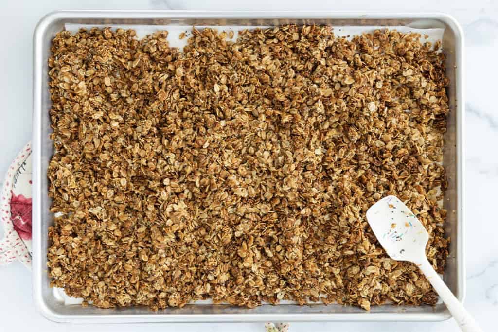Nut free granola on baking sheet.