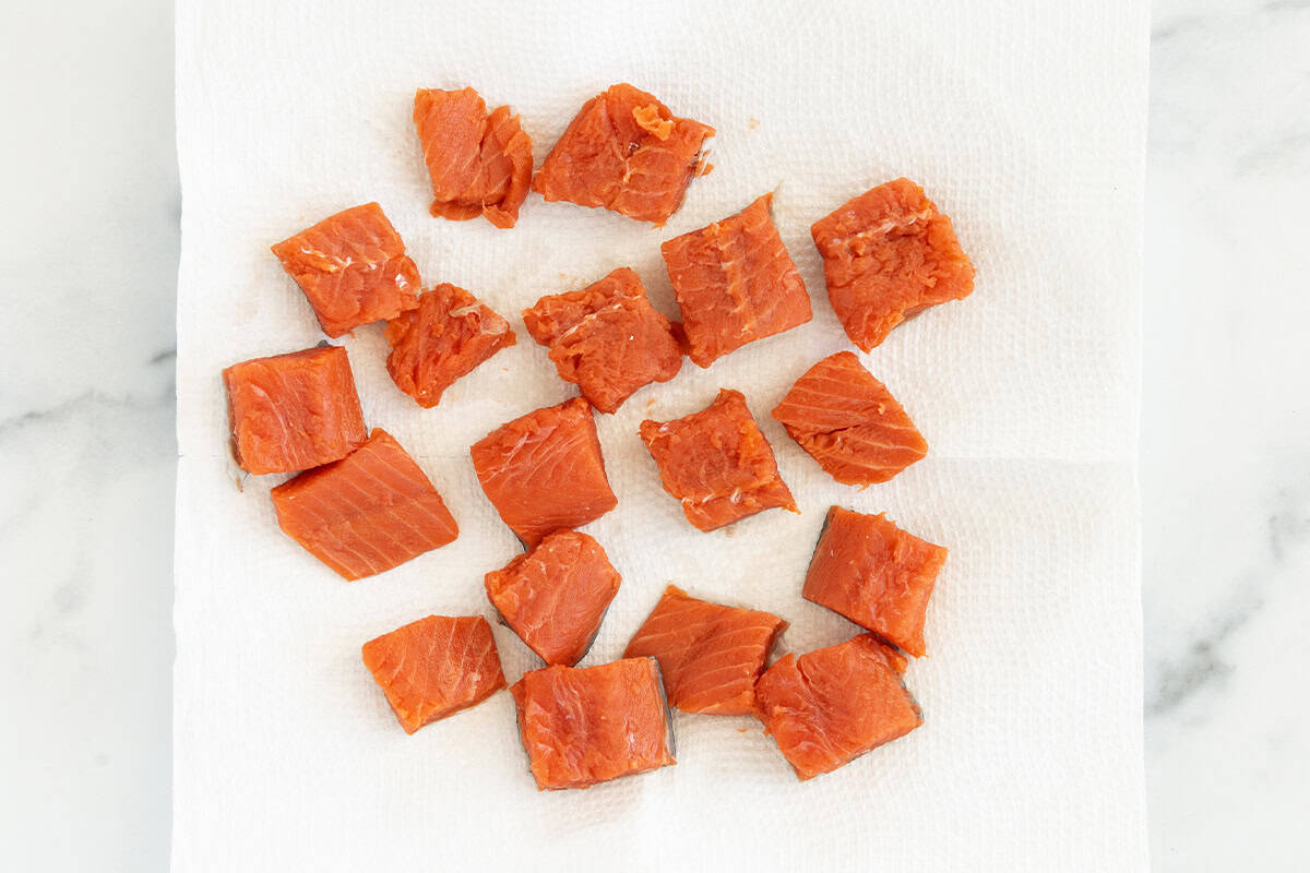 Chopped pieces of salmon for salmon nuggets.