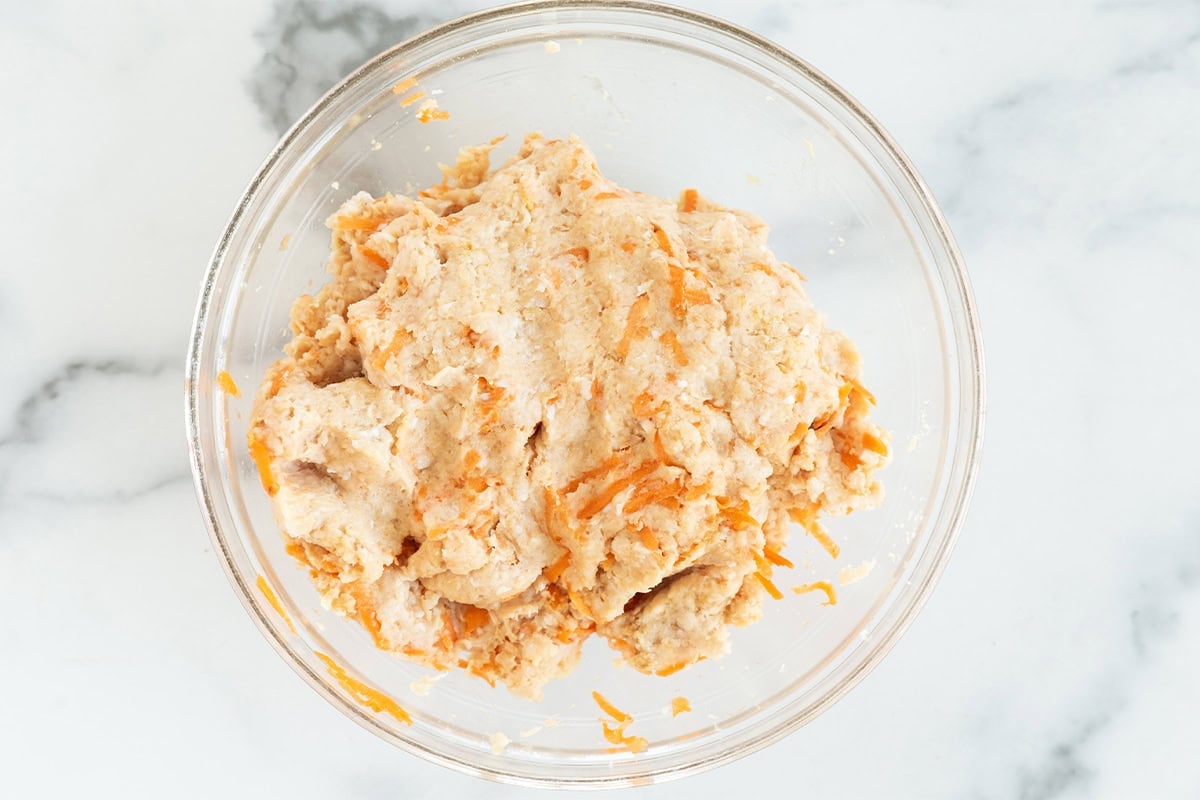 mixed batter for teriyaki chicken meatballs in bowl.
