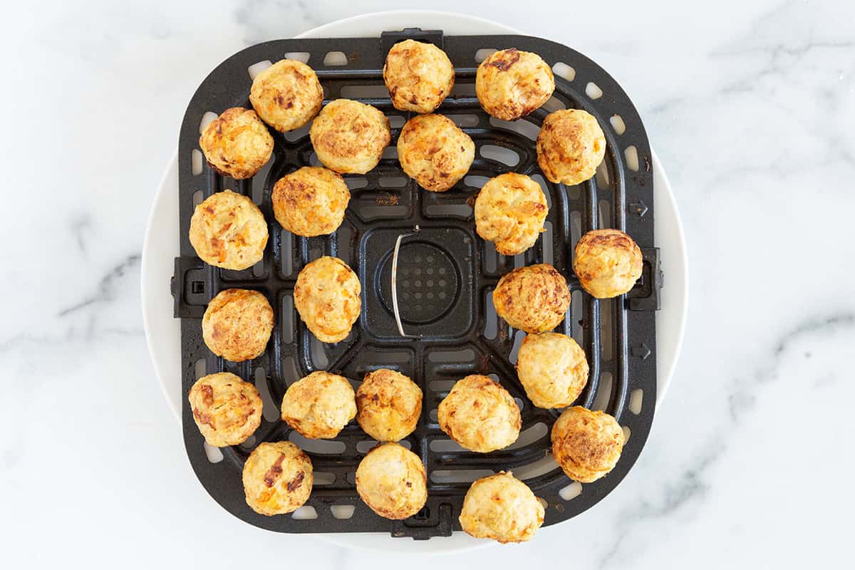 cooked teriyaki chicken meatballs in air fryer.