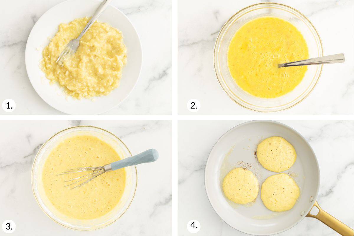 how to make 3 ingredient banana pancakes in grid of images (2). 