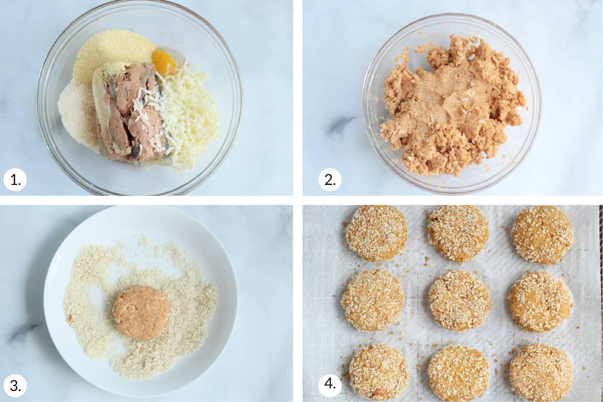 how to make salmon cakes in grid of four images.
