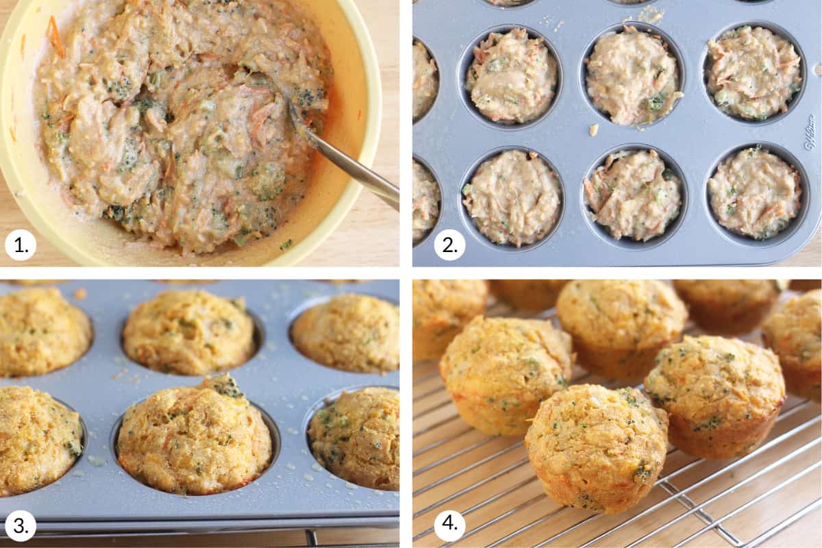 how to make veggie muffins in grid of 4 images.