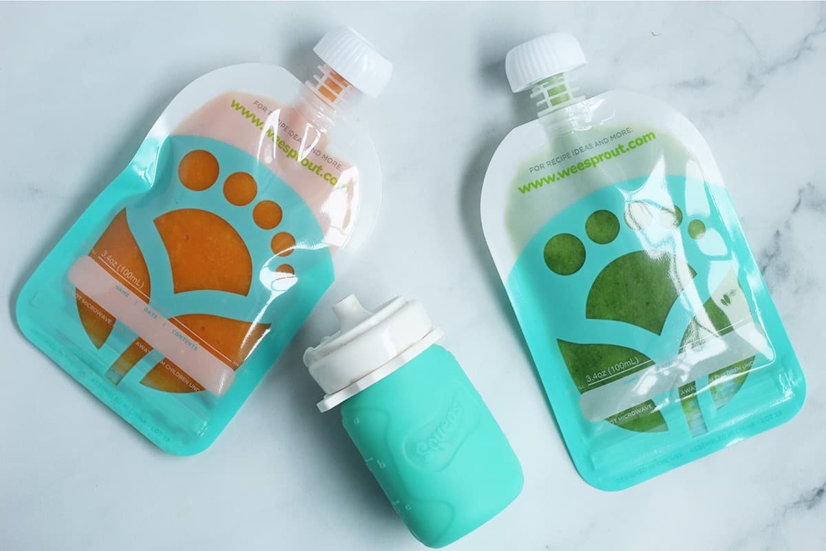 reusable pouches for baby on counter.