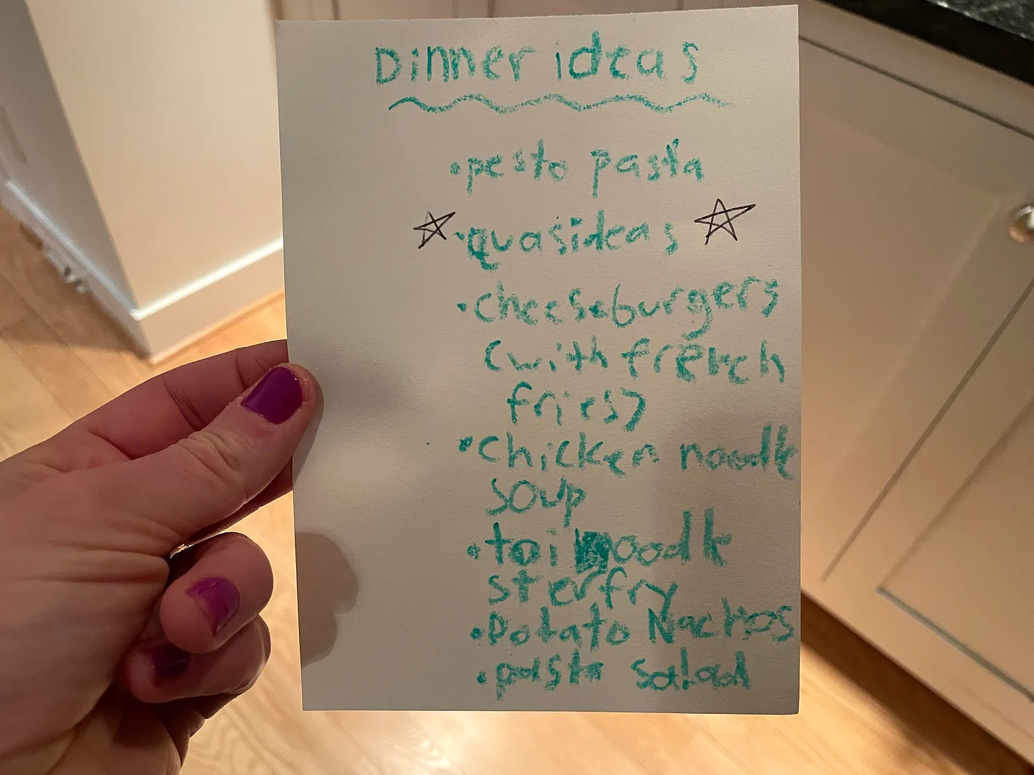 List of foods that child wrote in crayon. 