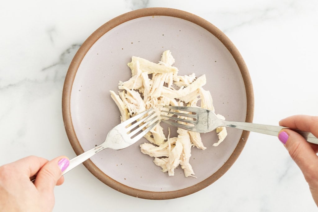 Shredding chicken on plate with two forks for chicken for baby.