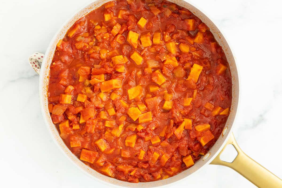 Cooked veggies in pan for hidden veggie pasta sauce.