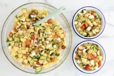 pasta salad with chicken in bowls.