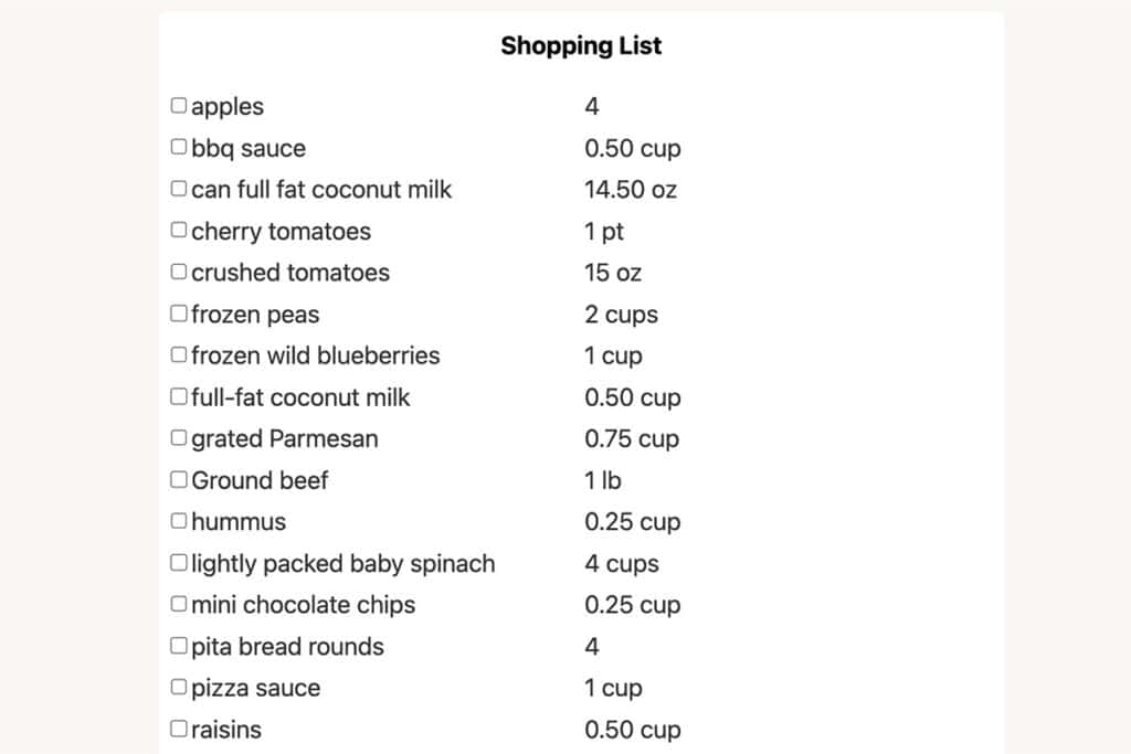 screenshot of grocery list