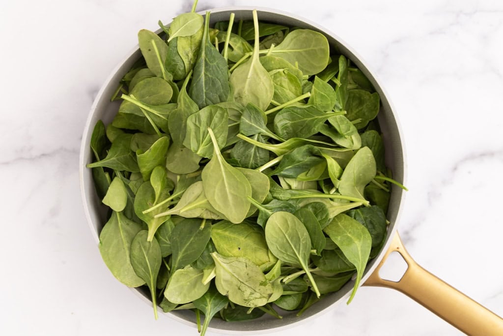 spinach in pot before cooking for spinach pasta sauce.