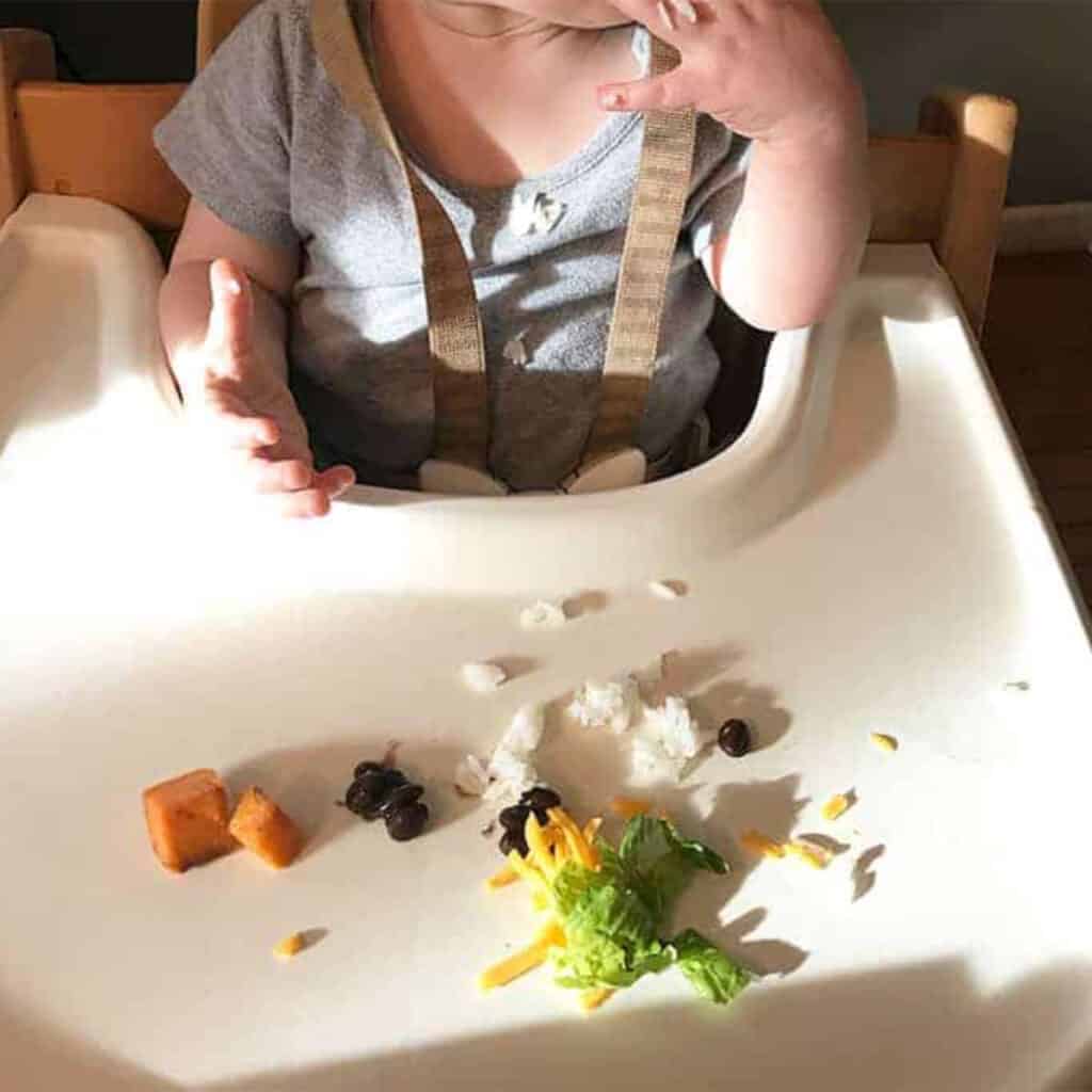 baby eating burrito bowl in high chair
