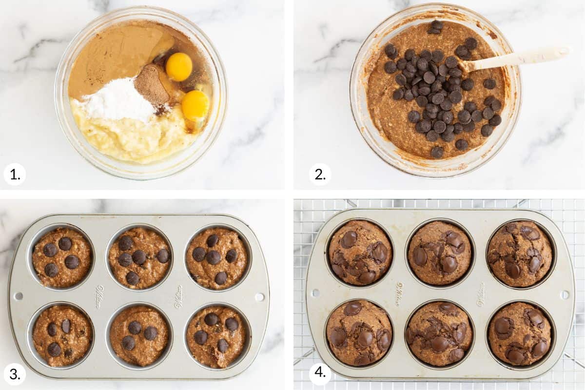 Four images in a collage showing the steps to make homemade chocolate peanut butter muffins.